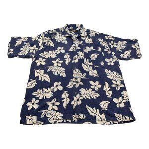 American Outpost Shirt Men Large Blue Floral Hawaiian Button Front Silk Vacation